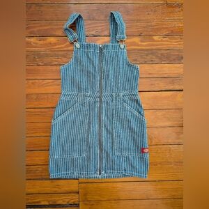 Dickies Blue Railroad Stripe Mini Jumper Overall Denim Jean Skirt Dress S Skater